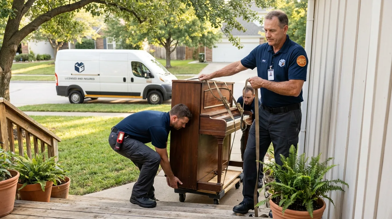 Licensed piano movers securing grand piano in Bellaire, OH