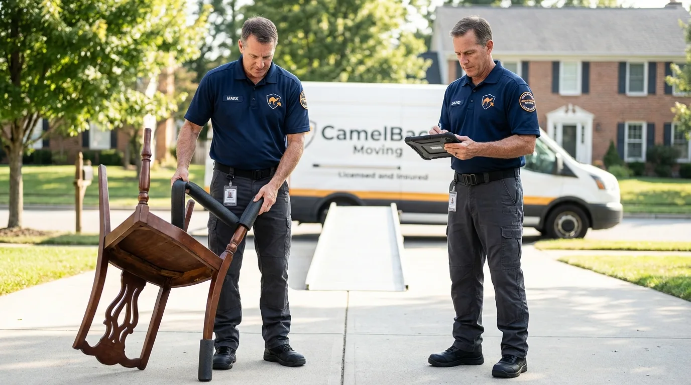 Movers inspecting furniture for damage prevention before loading in Bellaire, OH